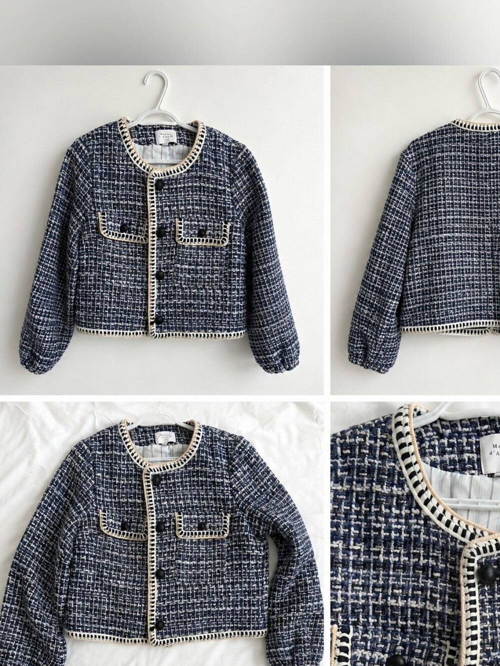 Classic Navy Tweed Women Jacket with Cream Trim